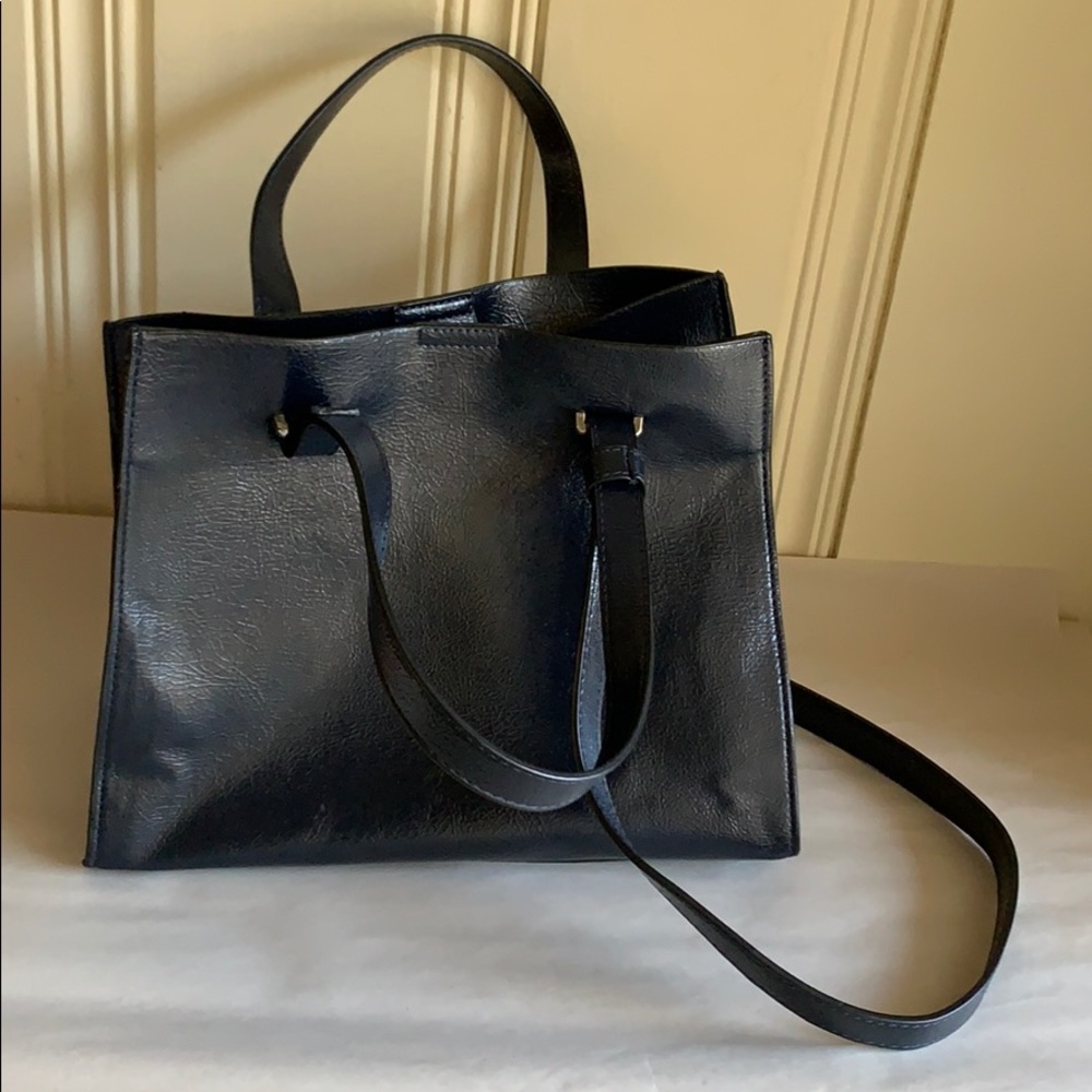 Navy blue vegan leather handbag